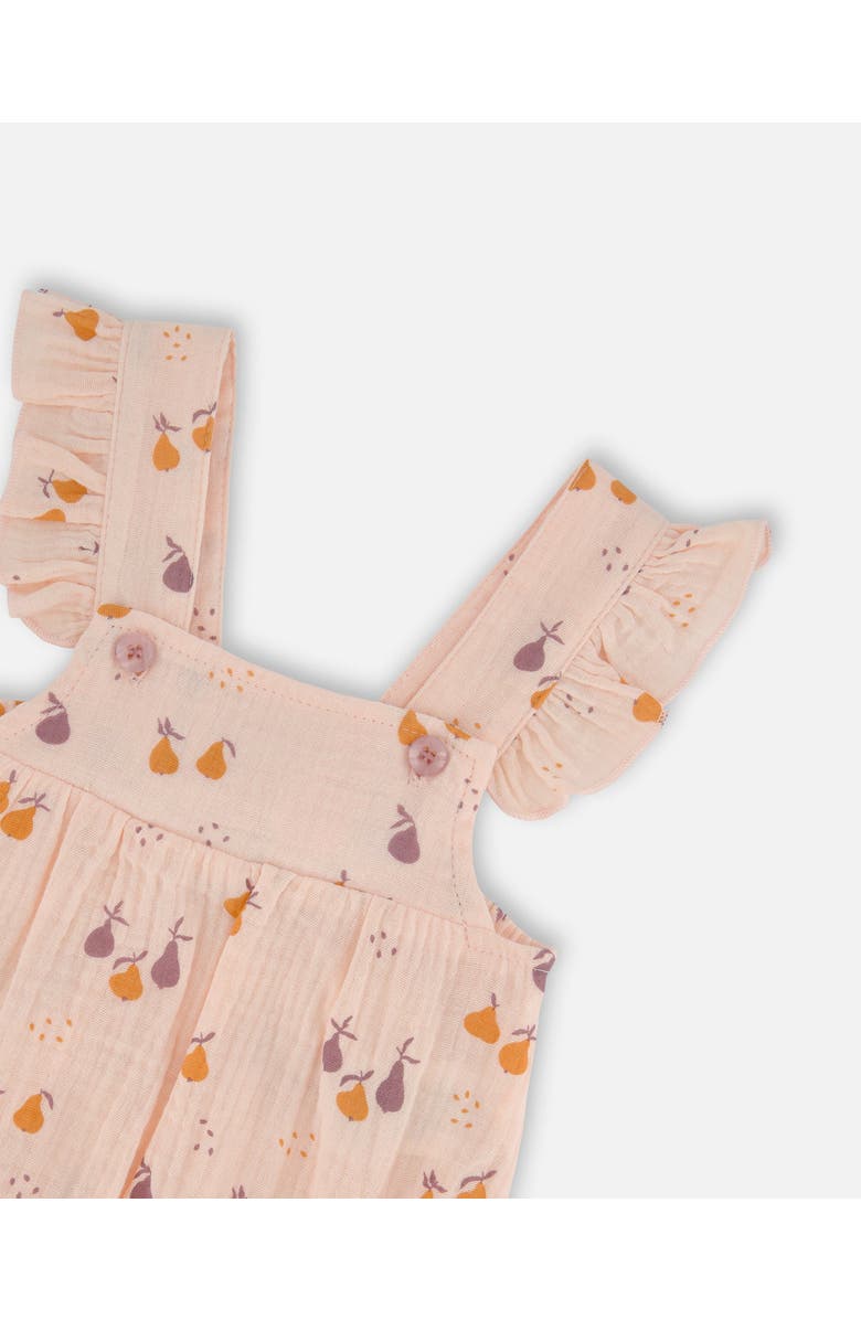 Deux par Deux Baby Girl's Printed Muslin Shortall And Organic Cotton Bodysuit Set Peach With Pears, Alternate, color, Peach With Pears Print