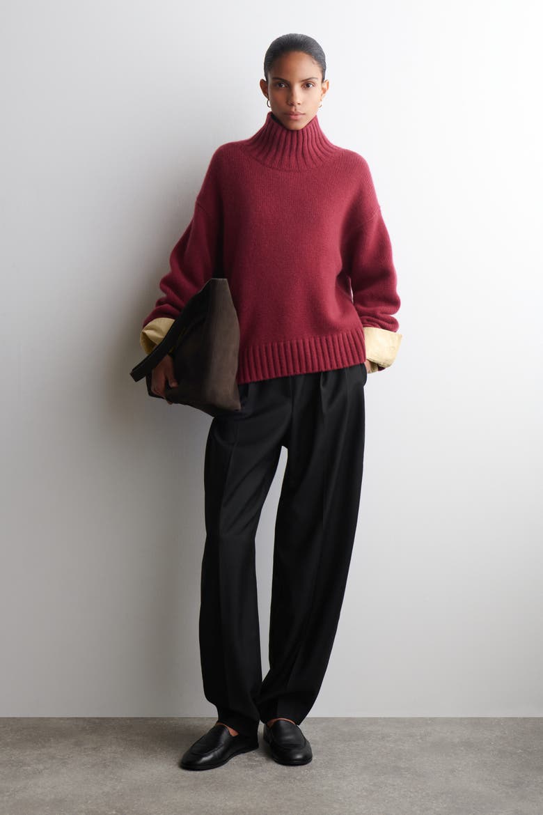 Chunky Cashmere Mock-Neck Sweater, Alternate, color, DARK RED