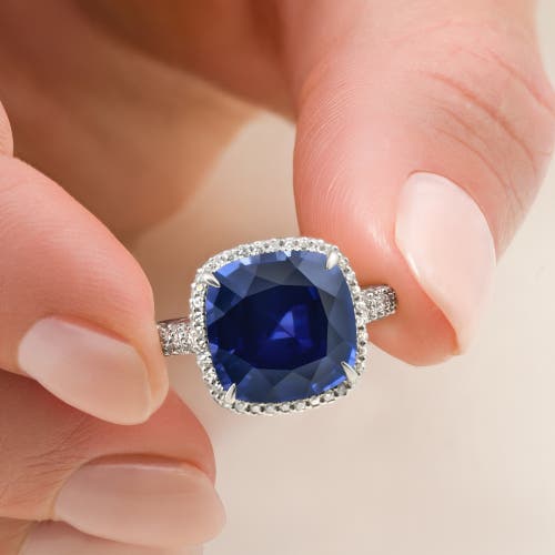 Bliss Diamond 8.50ct Tw Cushion Blue Sapphire & Pave Diamond Ring 14k Gold Lab Grown In Silver