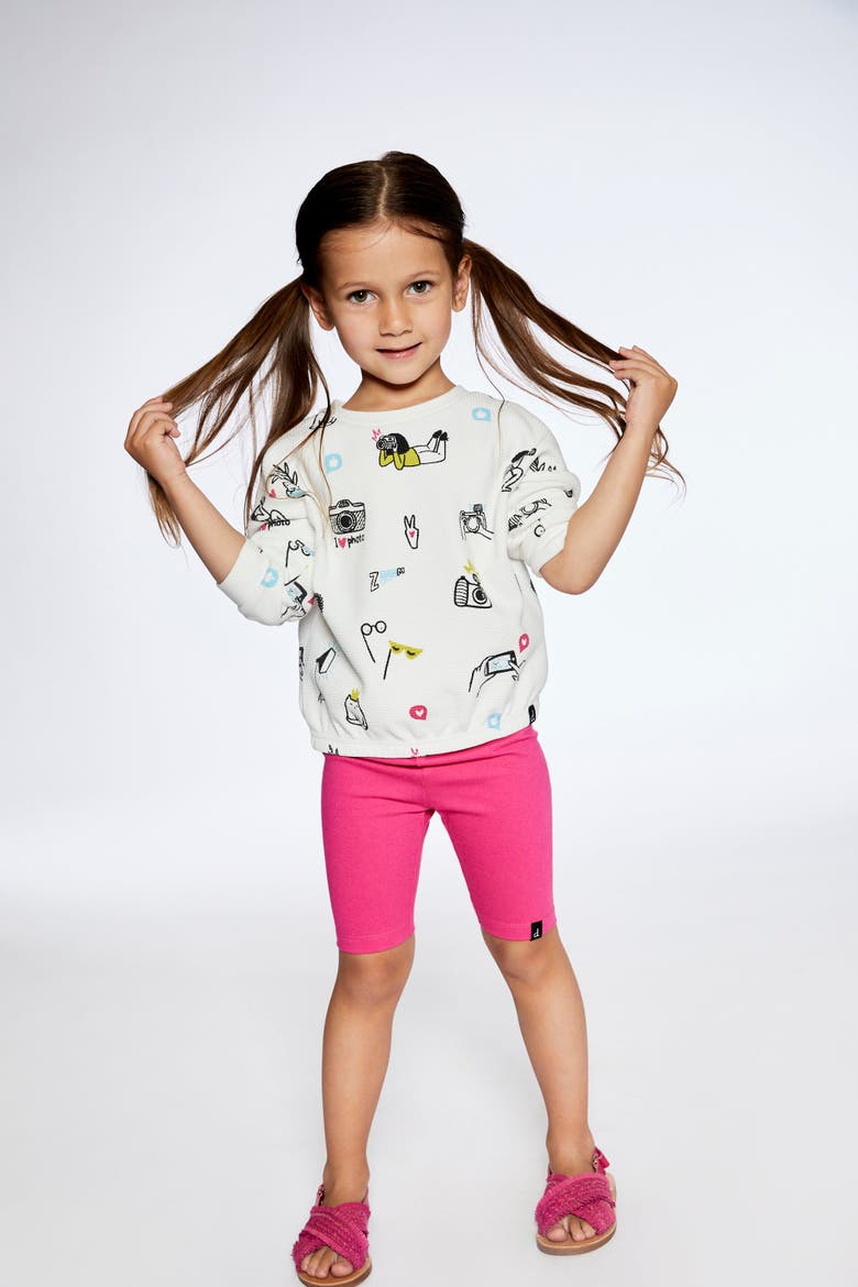 Little Girl's Elastic Waist Waffle Top Off White Camera Print, Alternate, color, Off White Camera Print