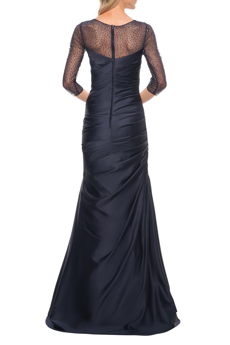 Mermaid Satin Pleated Gown with Illusion Beaded Sleeves, Alternate, color, Navy