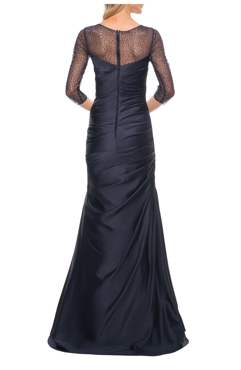 La Femme Mermaid Satin Pleated Gown with Illusion Beaded Sleeves, Alternate, color, Navy