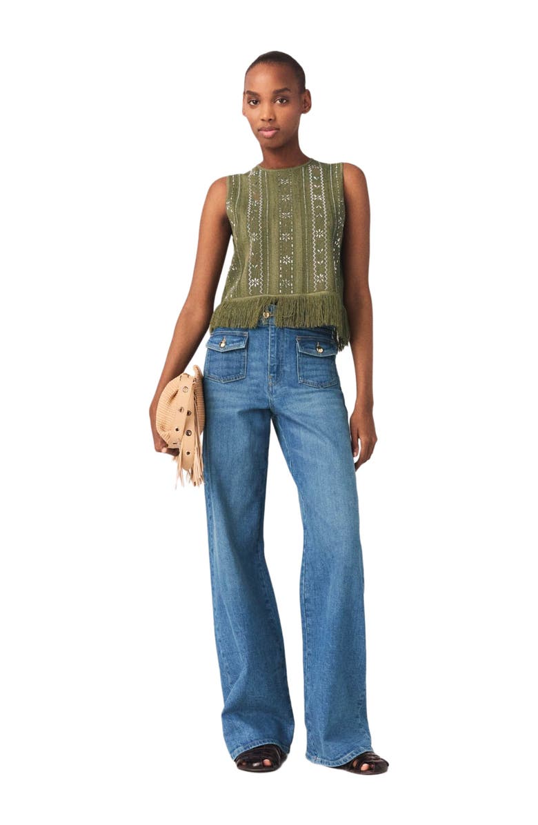 maje Fringed rhinestone flower top, Main, color, Khaki