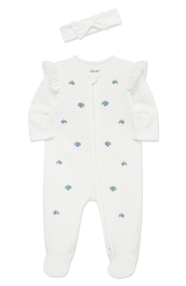 Little Me Blueberries Ruffle Cotton Footie & Headband Set, Alternate, color, White