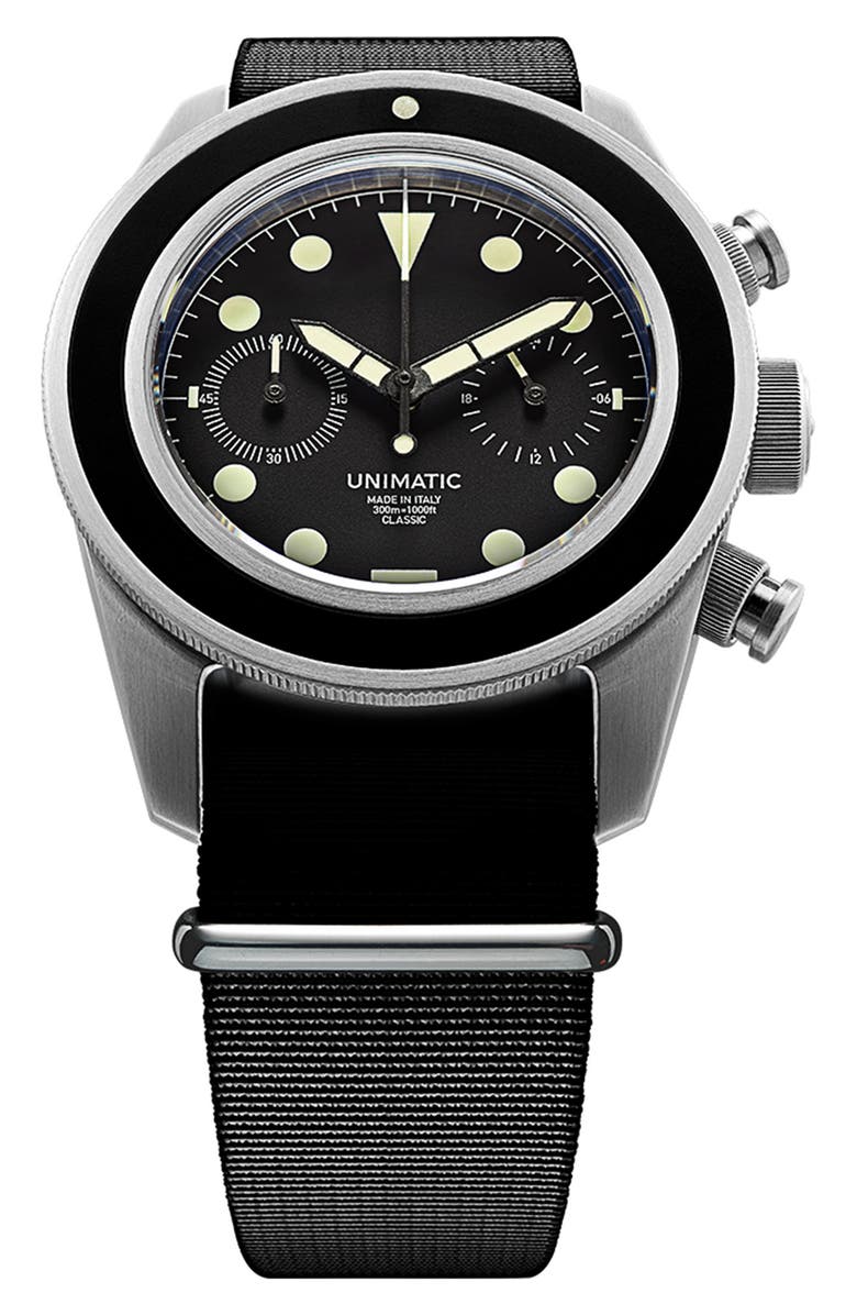 UNIMATIC Modello Tre NATO Strap Classic Chronograph Watch, 41mm x 42mm, Alternate, color, Black Steel