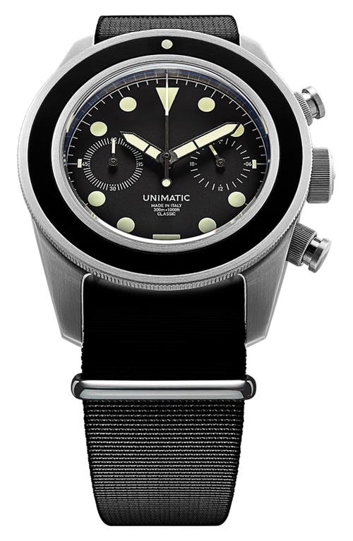 Unimatic Modello Tre Nato Strap Classic Chronograph Watch, 41mm X 42mm In Black Steel