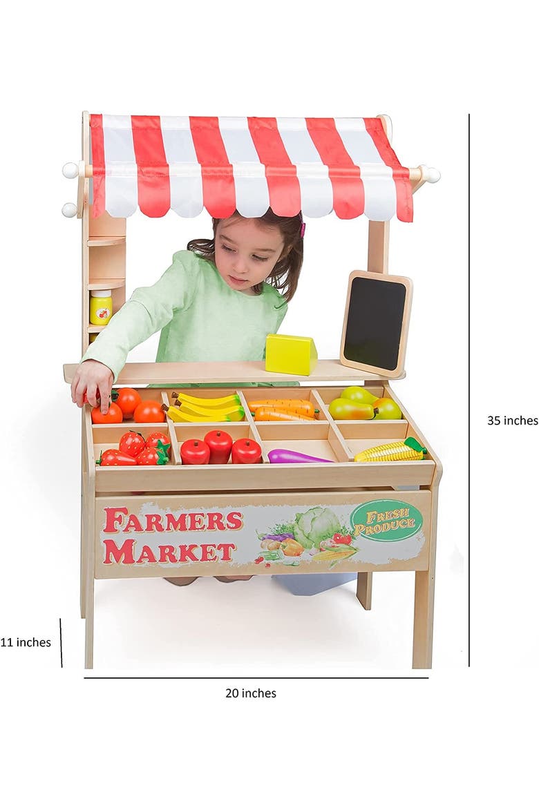 Wooden Farmers Market Stand Toy- 30+ Food Pcs w Chalkboard & Cash Register- Pretend Role Play, Alternate, color, Red