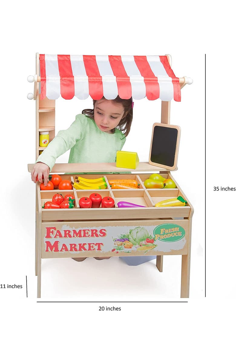 SVAN Wooden Farmers Market Stand Toy- 30+ Food Pcs w Chalkboard & Cash Register- Pretend Role Play, Alternate, color, Red