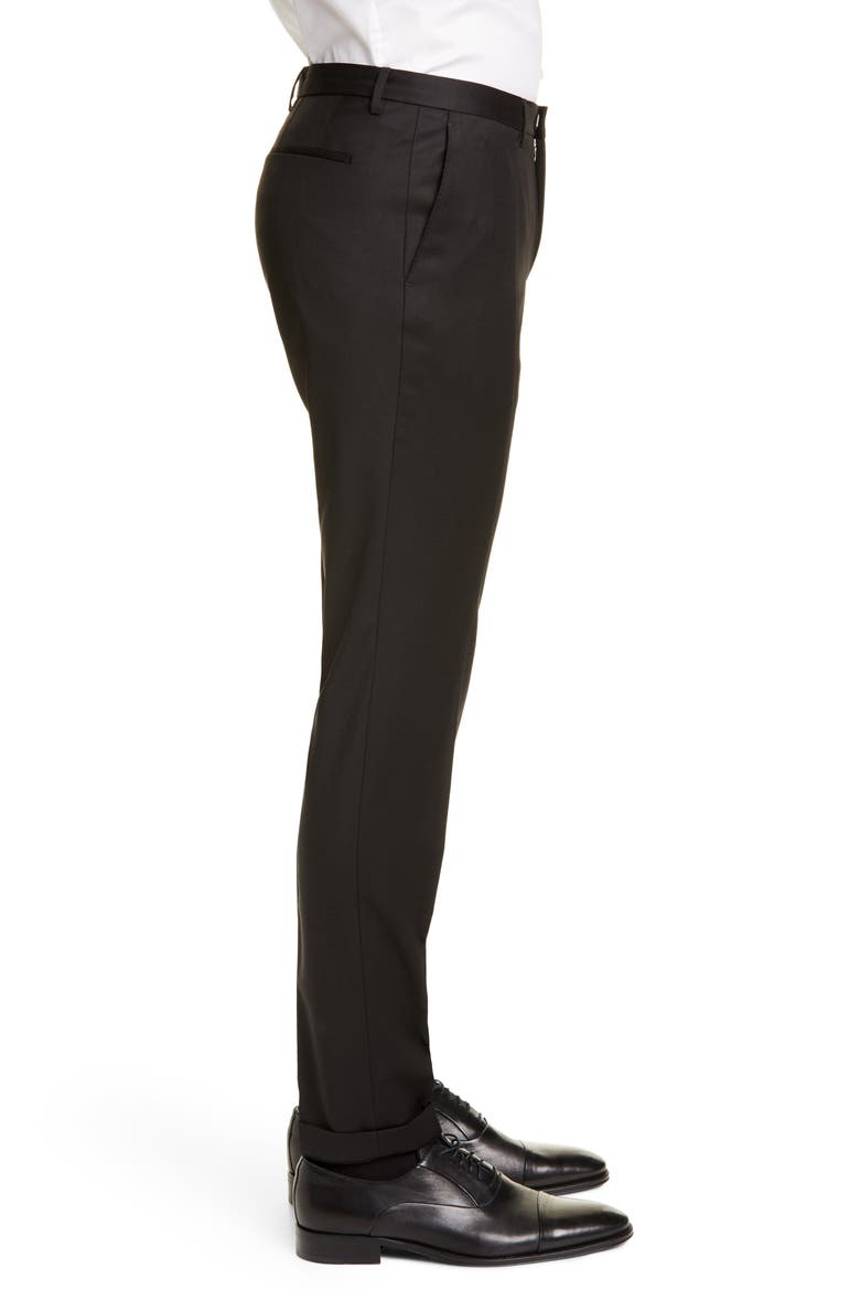 Wave Flat Front Solid Wool Trousers, Alternate, color, BLACK