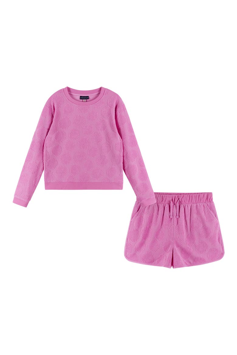 Kids' Textured Terry Long Sleeve Pullover & Shorts Set, Main, color, PURPLE
