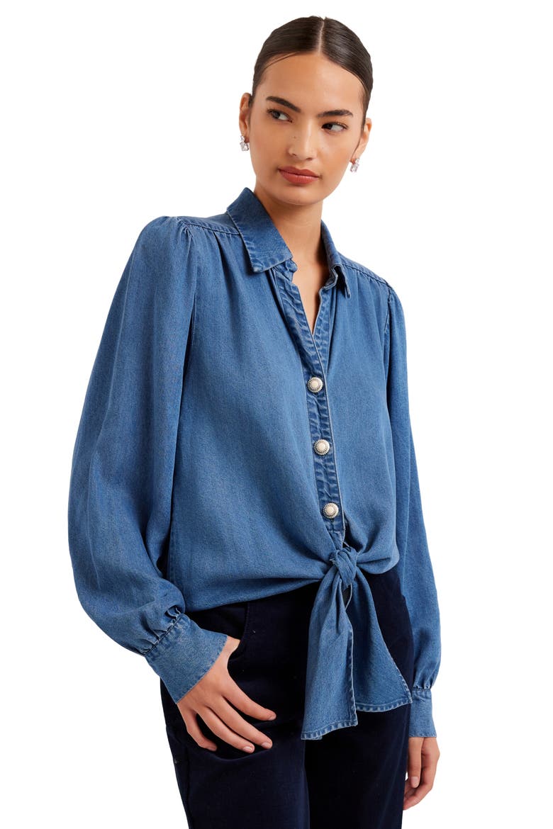 Tie Front Denim Top, Alternate, color, MEDIUM BLUE