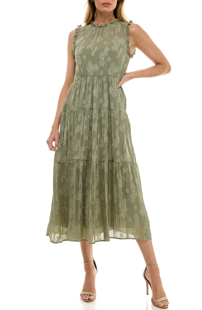 Socialite Floral Jacquard Tiered Sleeveless Dress, Main, color, Olive