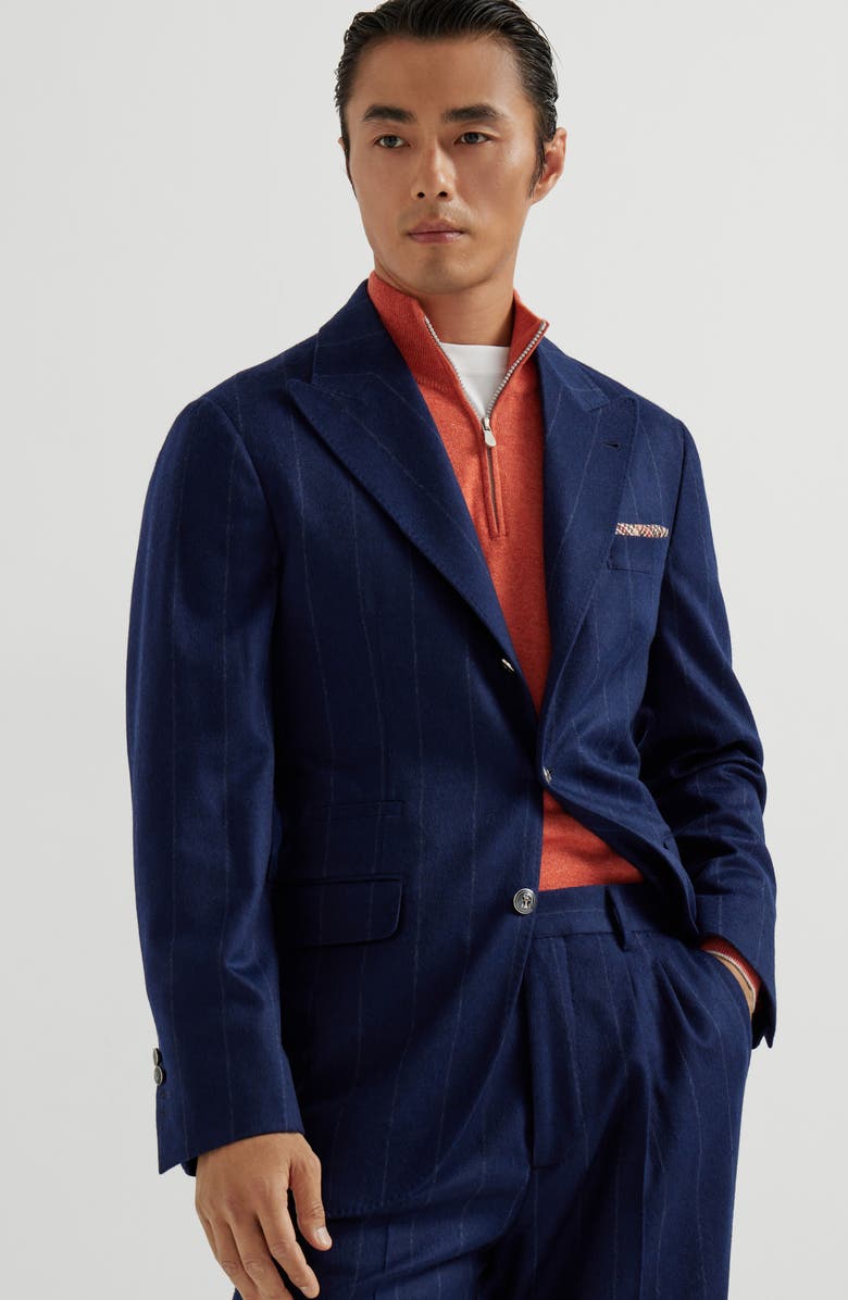 Brunello Cucinelli Wide chalk stripe deconstructed blazer, Alternate, color, Avio Blue