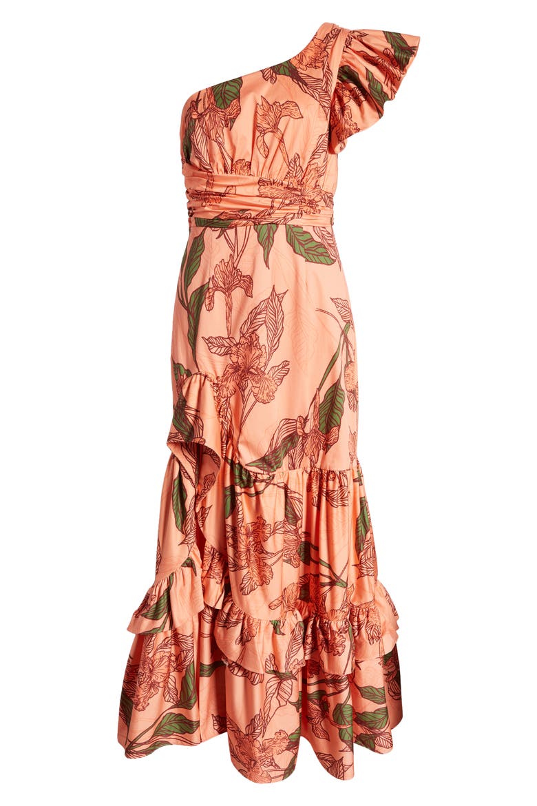 Pria Floral One-Shoulder Stretch Cotton Cocktail Dress, Alternate, color, PEACH DELICATE OUTLINE FLORAL