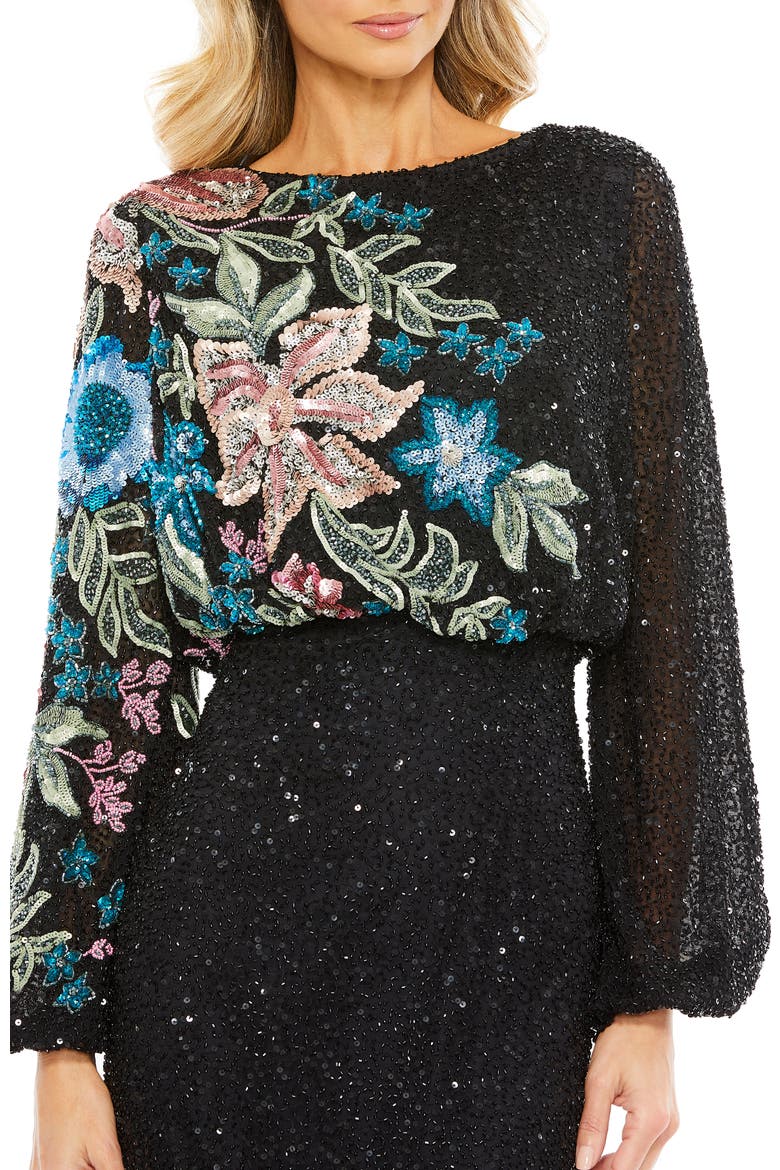 Embellished Multi Color Floral High Neck Gown, Alternate, color, Midnight