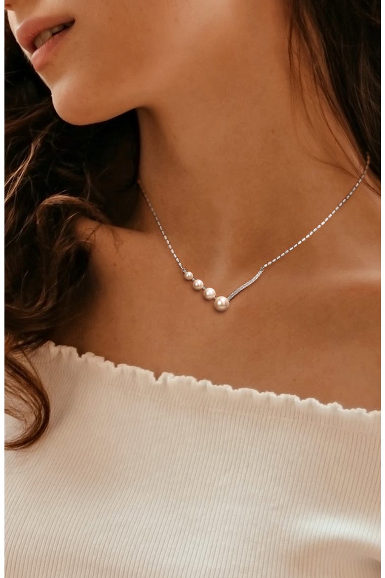 14K White Gold & Sterling Silver 7–7.5mm Cultured Freshwater Pearl & Lab Created White Sapphire Necklace, Alternate, color, WHITE/ SILVER