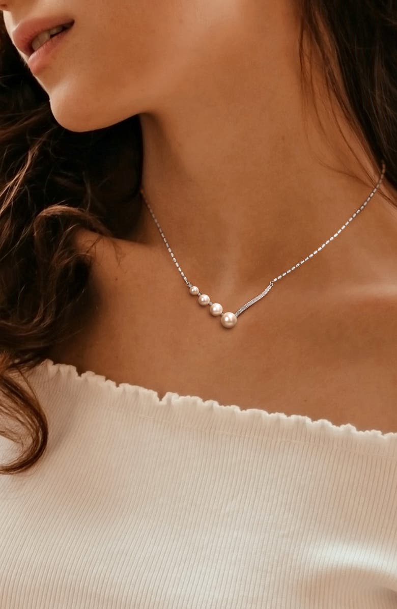 DELMAR 14K White Gold & Sterling Silver 7–7.5mm Cultured Freshwater Pearl & Lab Created White Sapphire Necklace, Alternate, color, White/ Silver