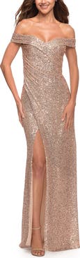 La Femme Off the Shoulder Ruched Sequin Dress with Slit