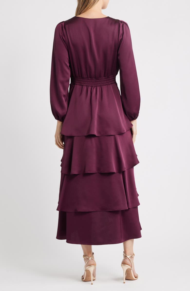 Anne Klein Long Sleeve Tiered High-Low Satin Dress, Alternate, color, Dark Chianti