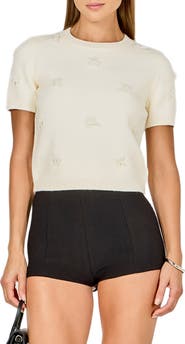 Endless Rose Faux Pearl Trim Short Sleeve Sweater