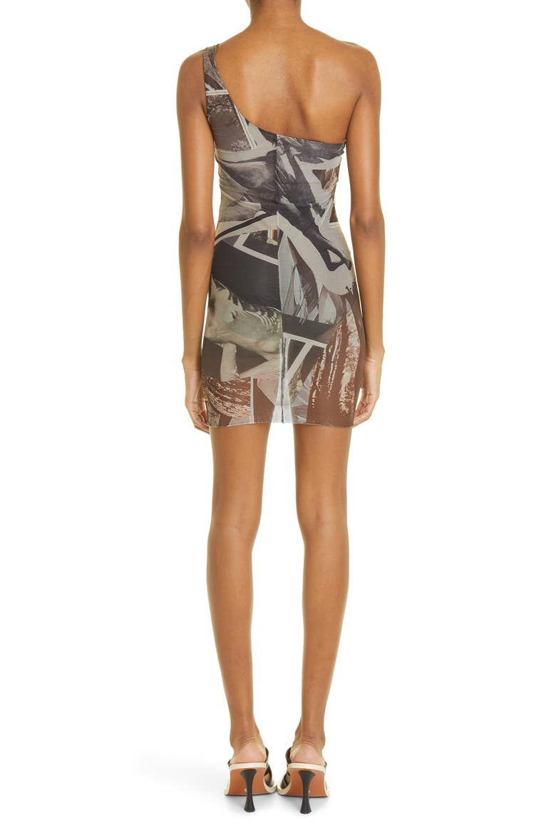 Float Print One-Shoulder Stretch Recycled Polyester Blend Mesh Minidress, Alternate, color, BEIGE MULTI