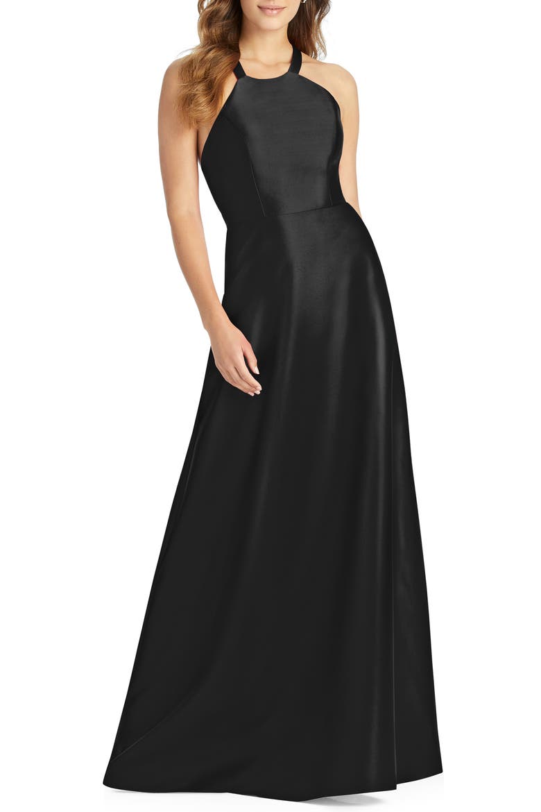 Lace-Up Back Satin Twill A-Line Gown, Main, color, BLACK