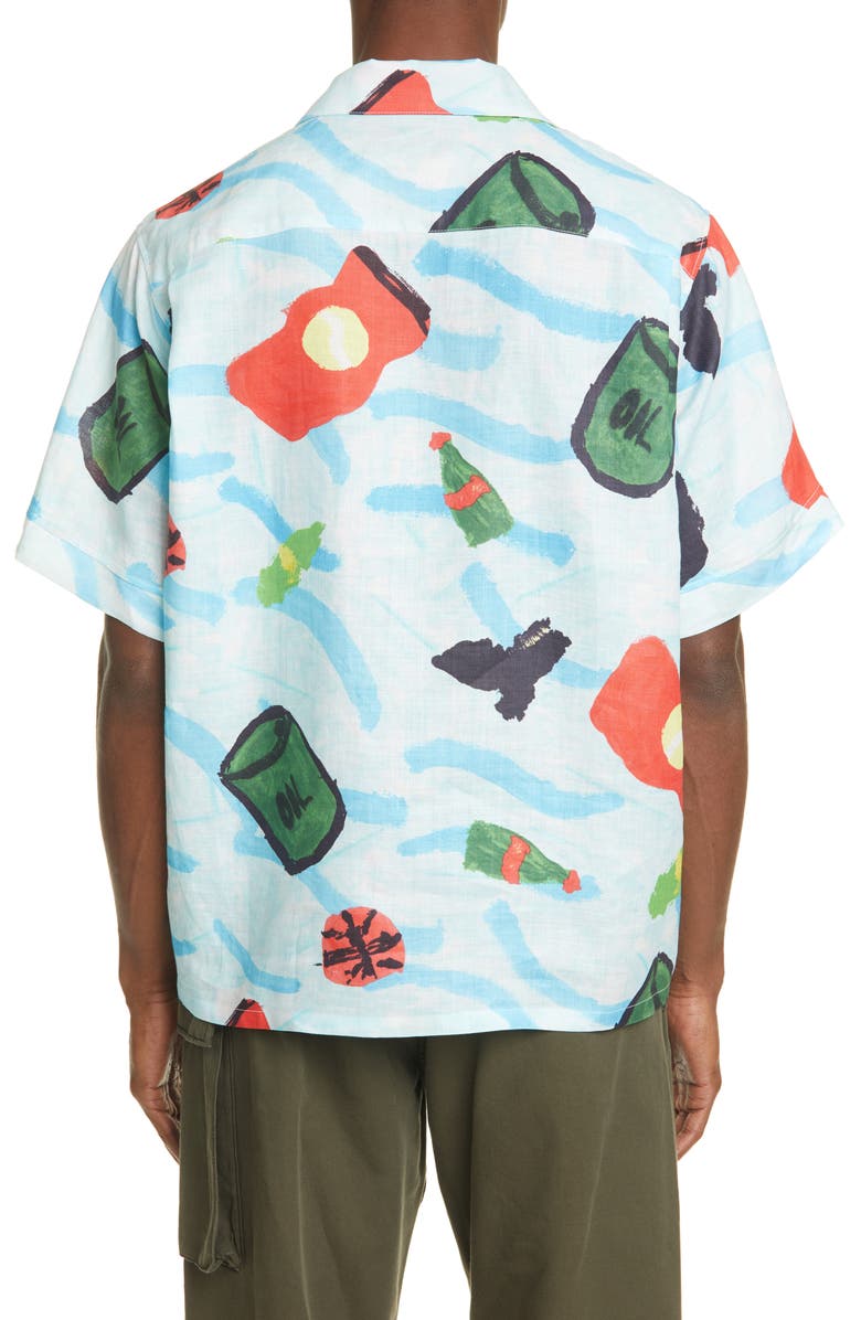 Marni Waste Sea Print Short Sleeve Ramie Button-Up Shirt, Alternate, color, 