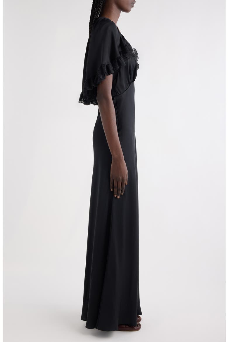 Lace Trim Silk Maxi Dress, Alternate, color, BLACK