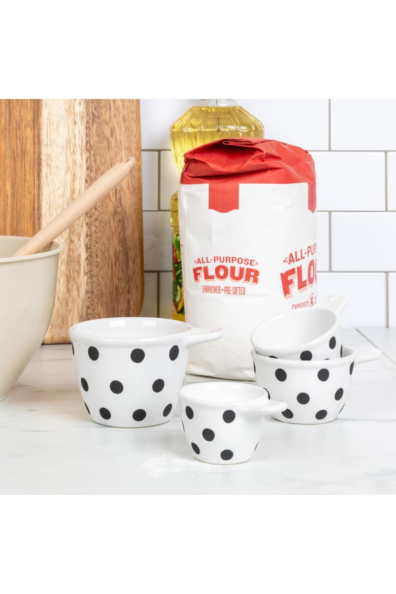 Ceramic Measuring Cups with Polka Dots, Set of 4 Sizes, Black and White, Alternate, color, White
