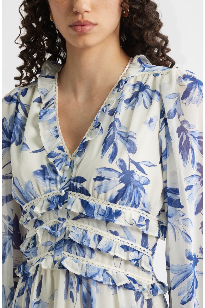 Long Sleeve Ruffle Trim Minidress, Alternate, color, IVORY - BLUE ADELINE FLORAL