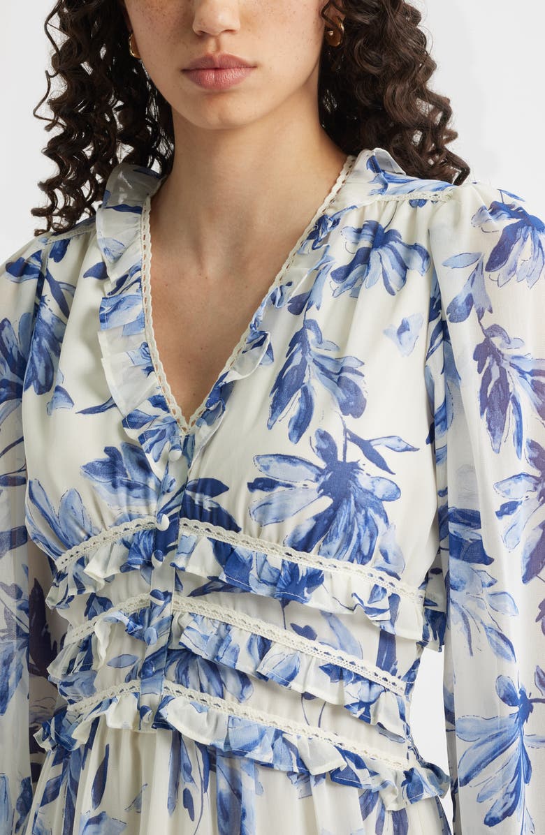 Chelsea28 Long Sleeve Ruffle Trim Minidress, Alternate, color, Ivory - Blue Adeline Floral