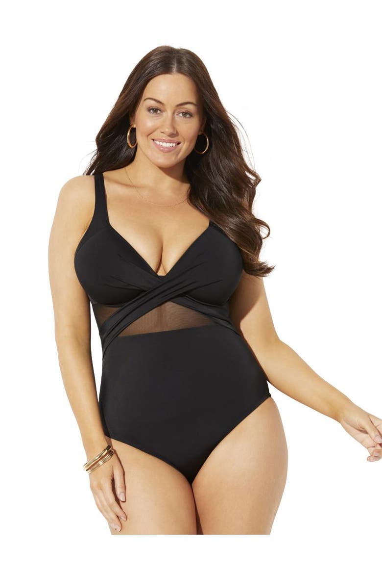 Cut Out Mesh Underwire One Piece Swimsuit, Main, color, Black