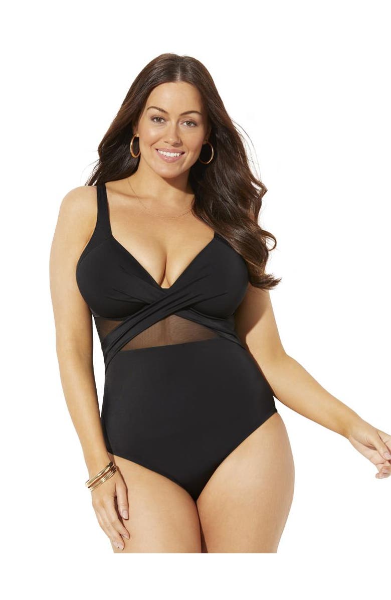 Swimsuits for All Cut Out Mesh Underwire One Piece Swimsuit, Main, color, Black