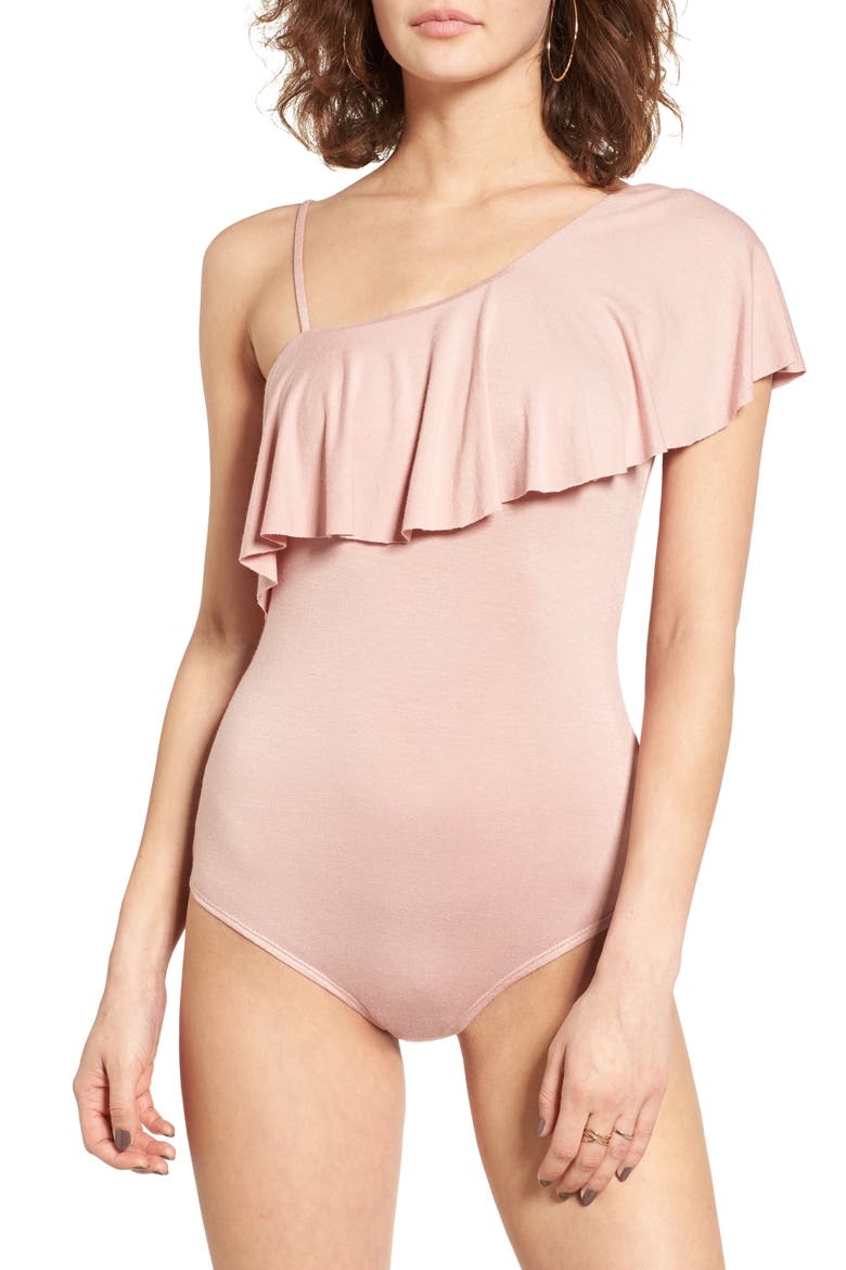 Ruffle One-Shoulder Bodysuit, Alternate, color, DUSTY PINK