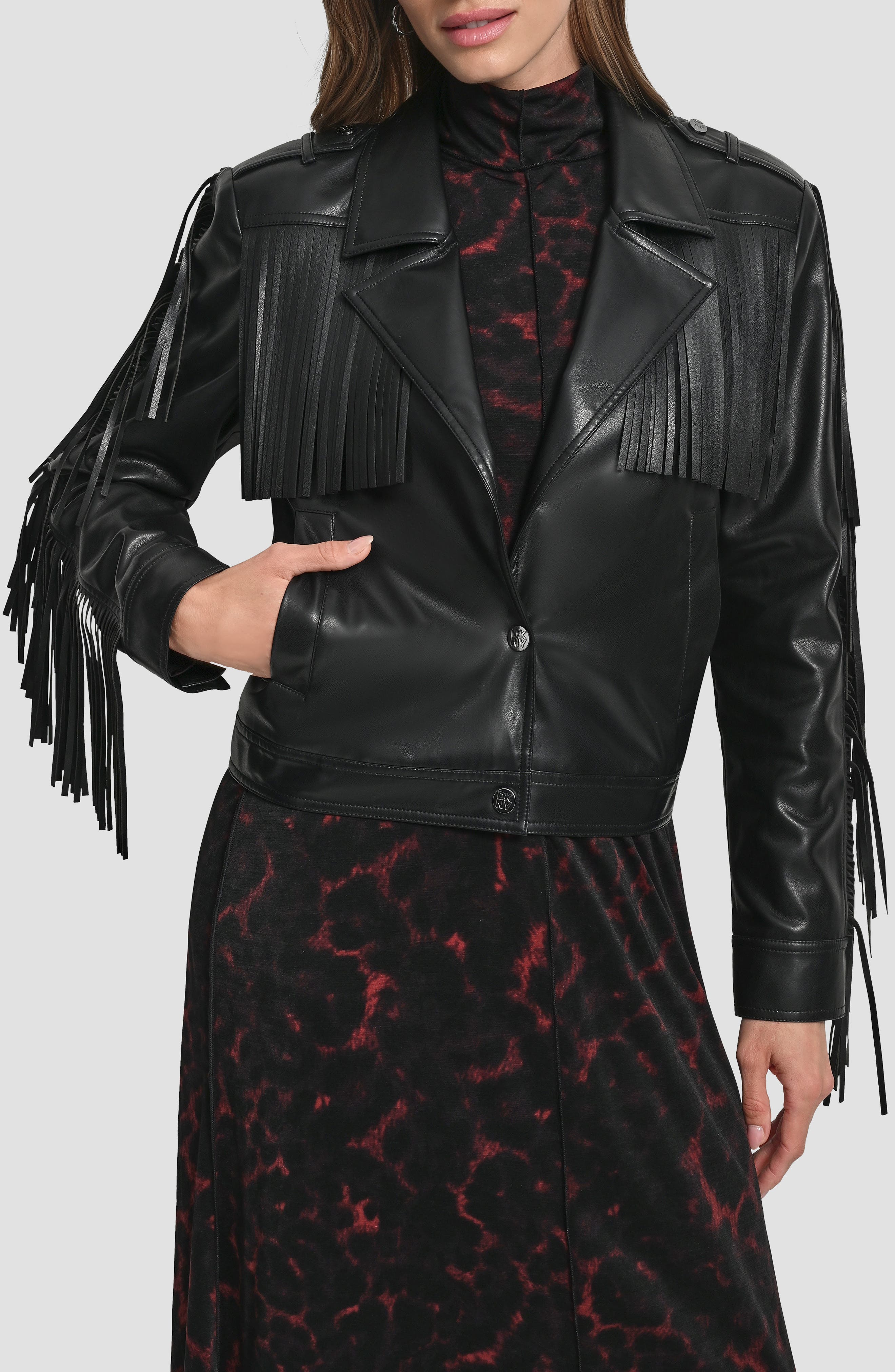DKNY Fringe Faux Leather Jacket