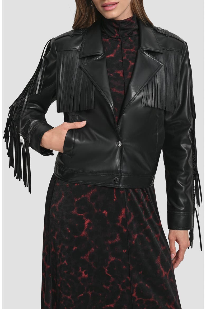 Fringe Faux Leather Jacket, Main, color, BLACK