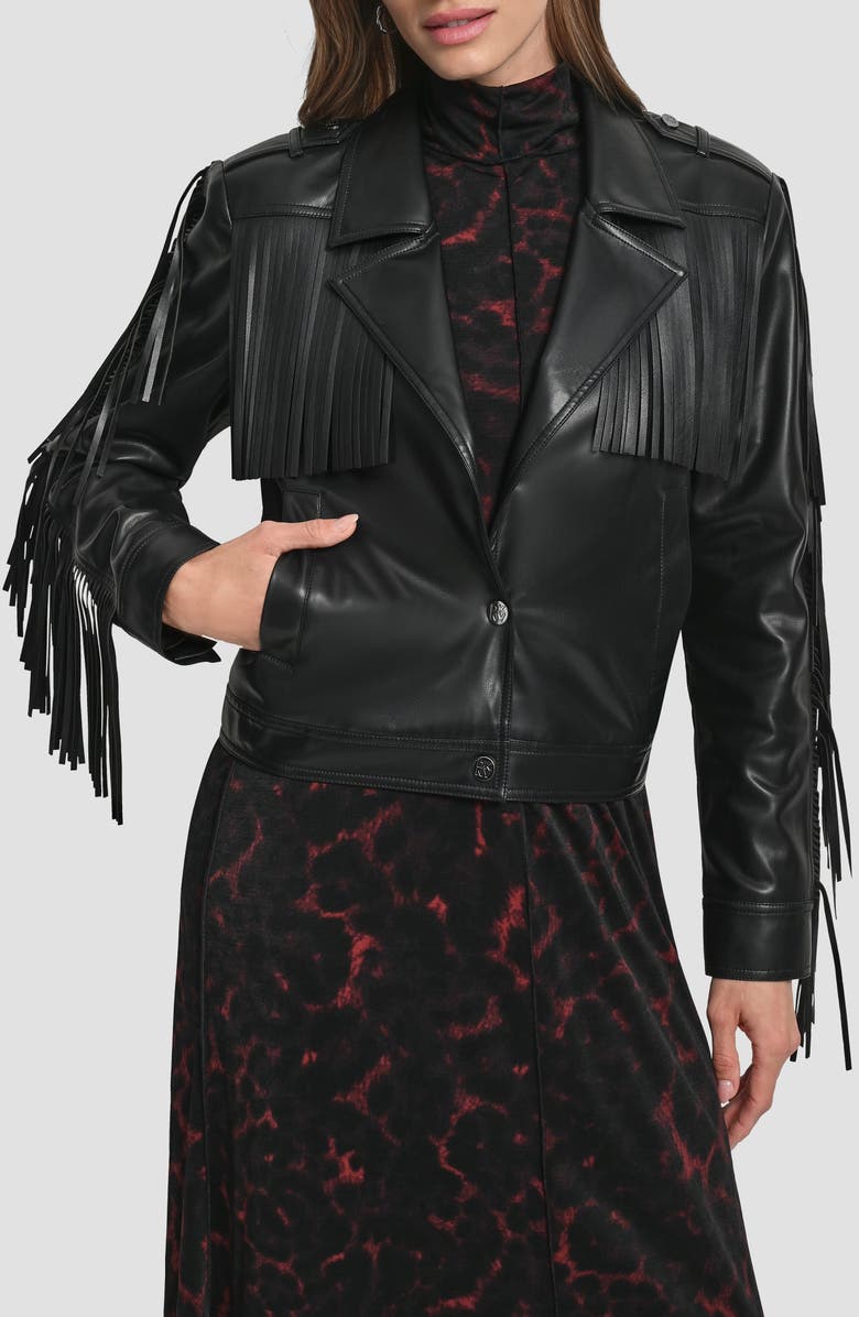 DKNY Fringe Faux Leather Jacket, Main, color, Black