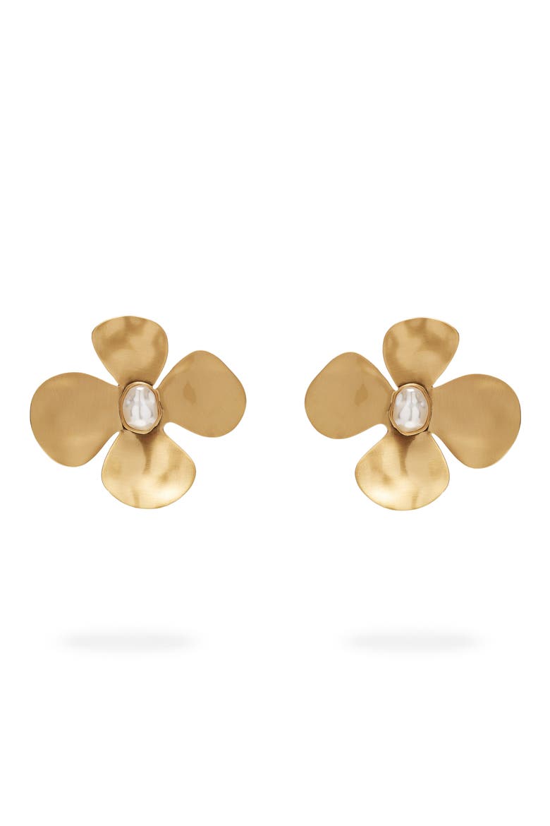 Lucky Imitation Pearl Floral Earrings, Main, color, BRUSHED BRASS