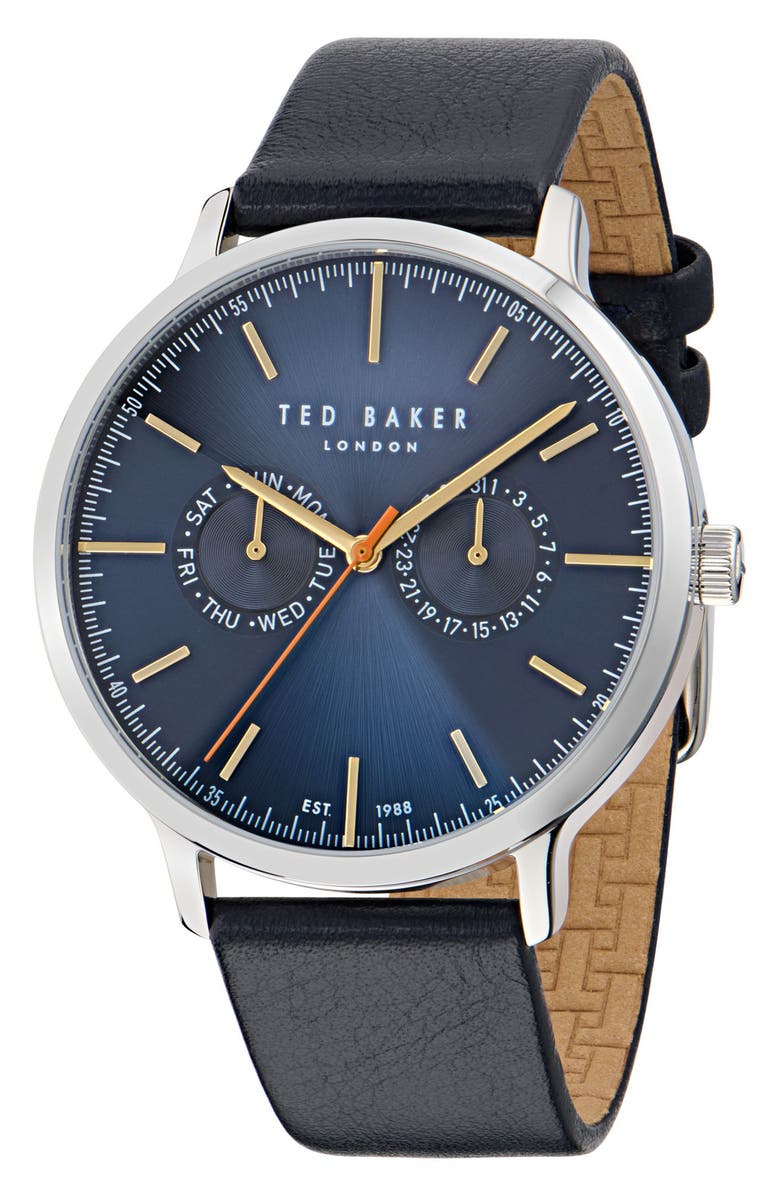 Ted Baker Haarvin Leather Strap Watch, 42mm, Main, color, Blue