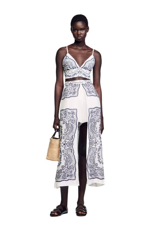 Sandro Womens Naturels Bandana-print V-neck Cropped Linen-blend Crop Top In Blue