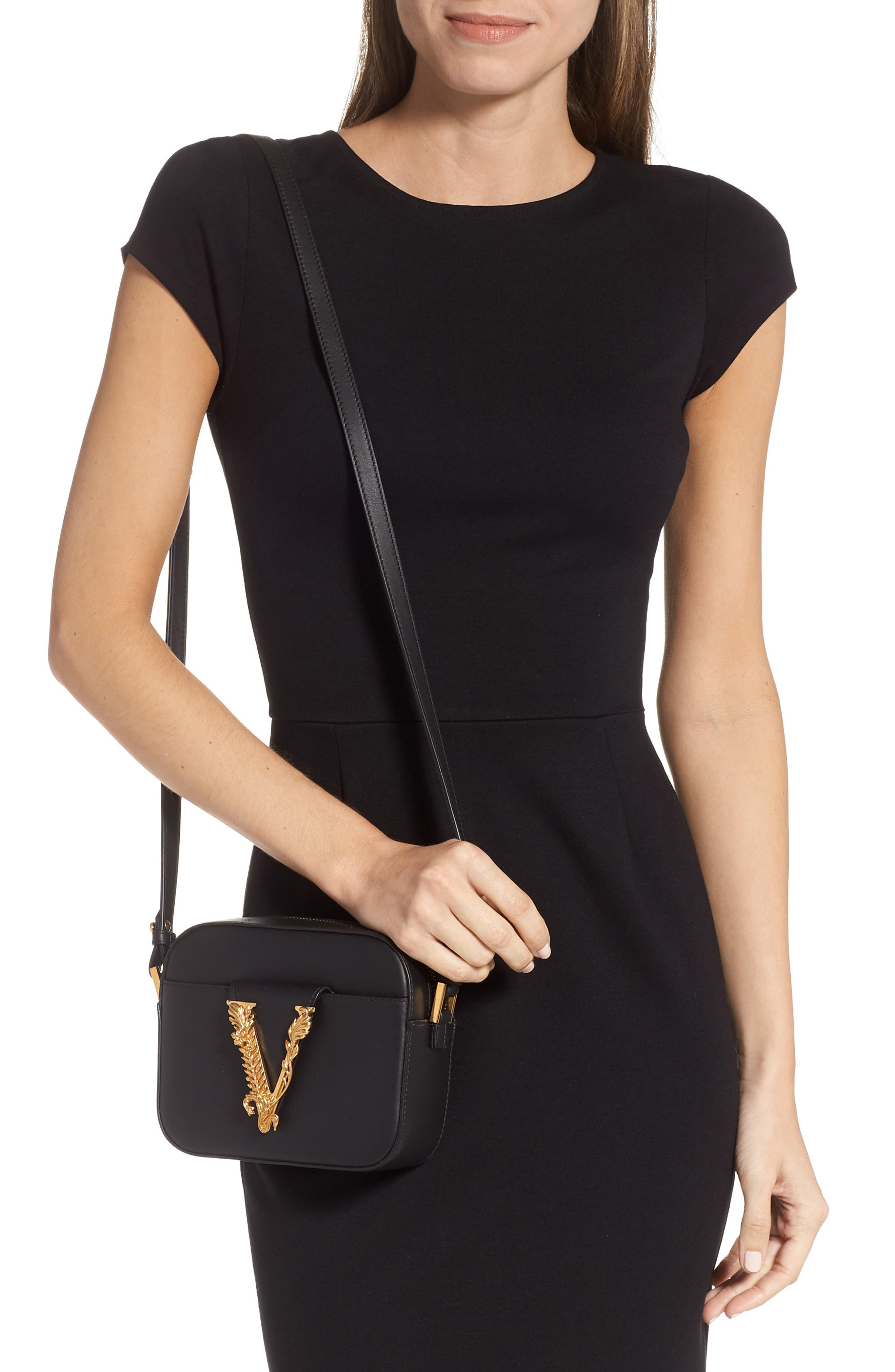 Versace Mini Virtus Leather Shoulder Bag, Alternate, color, 