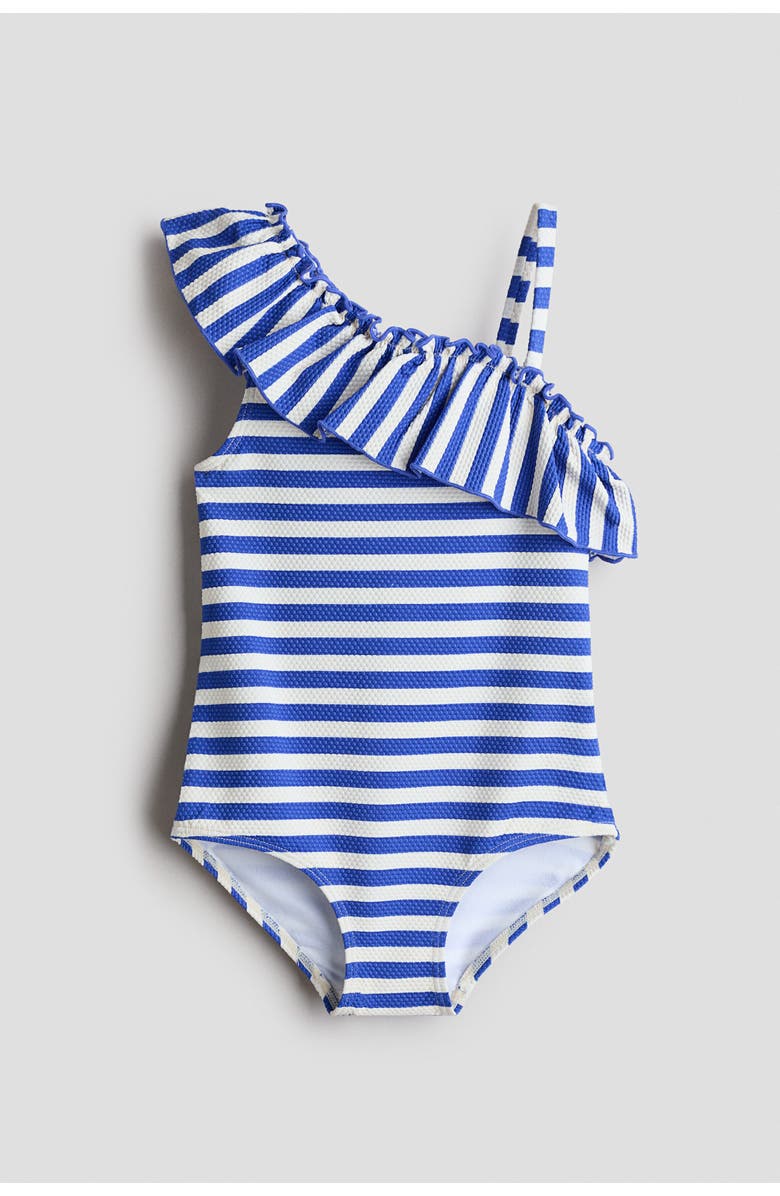 H&M Flounced One-shoulder Swimsuit, Main, color, Bright Blue/Striped