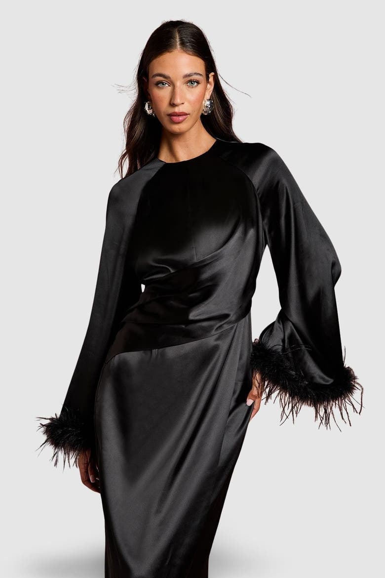 Long Sleeve Trim Satin Maxi Dress, Alternate, color, Black