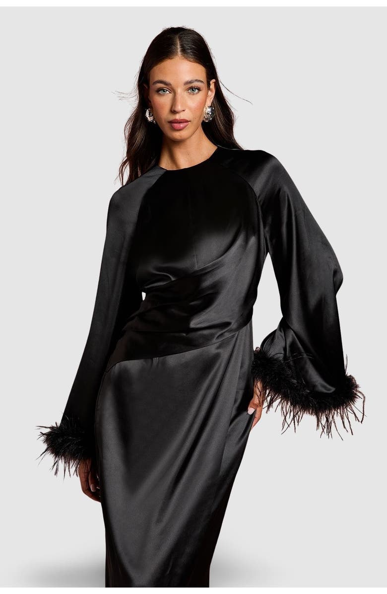 Coast Feather Trim Satin Maxi Dress, Alternate, color, Black