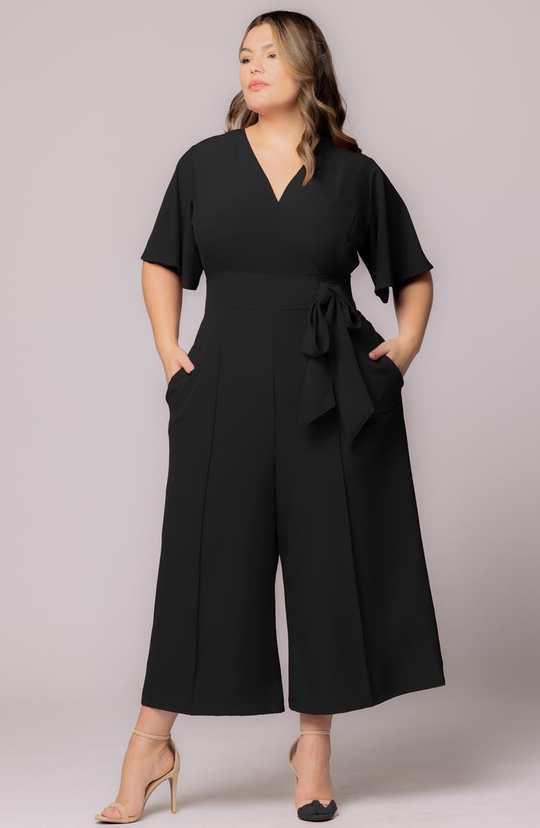 Kiyonna Evelyn Wide Leg Crop Jumpsuit, Alternate, color, Black Noir