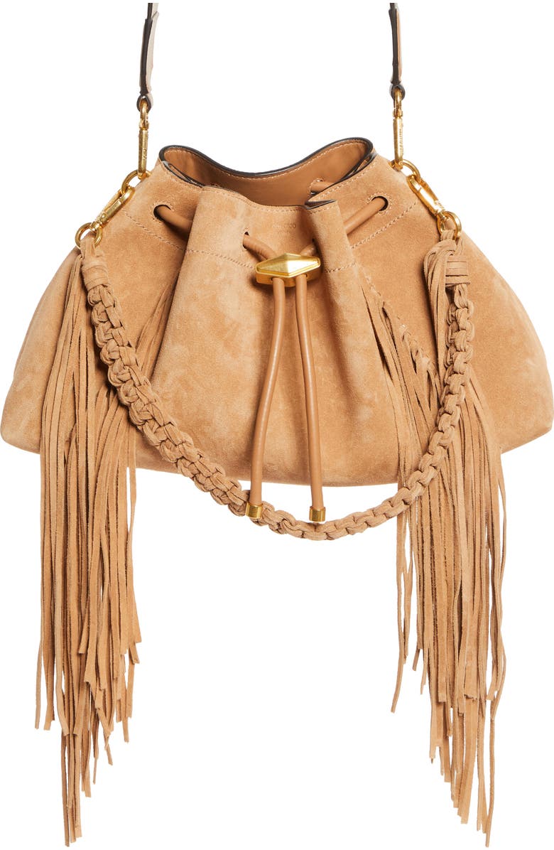 Jimmy Choo Bon Bon Fringe East/West Bucket Bag, Main, color, Toffee/ Toffee/ Gold