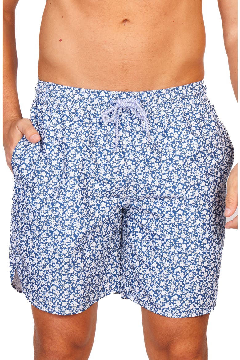 Ditsy Floral Swim Trunks, Alternate, color, NAVY