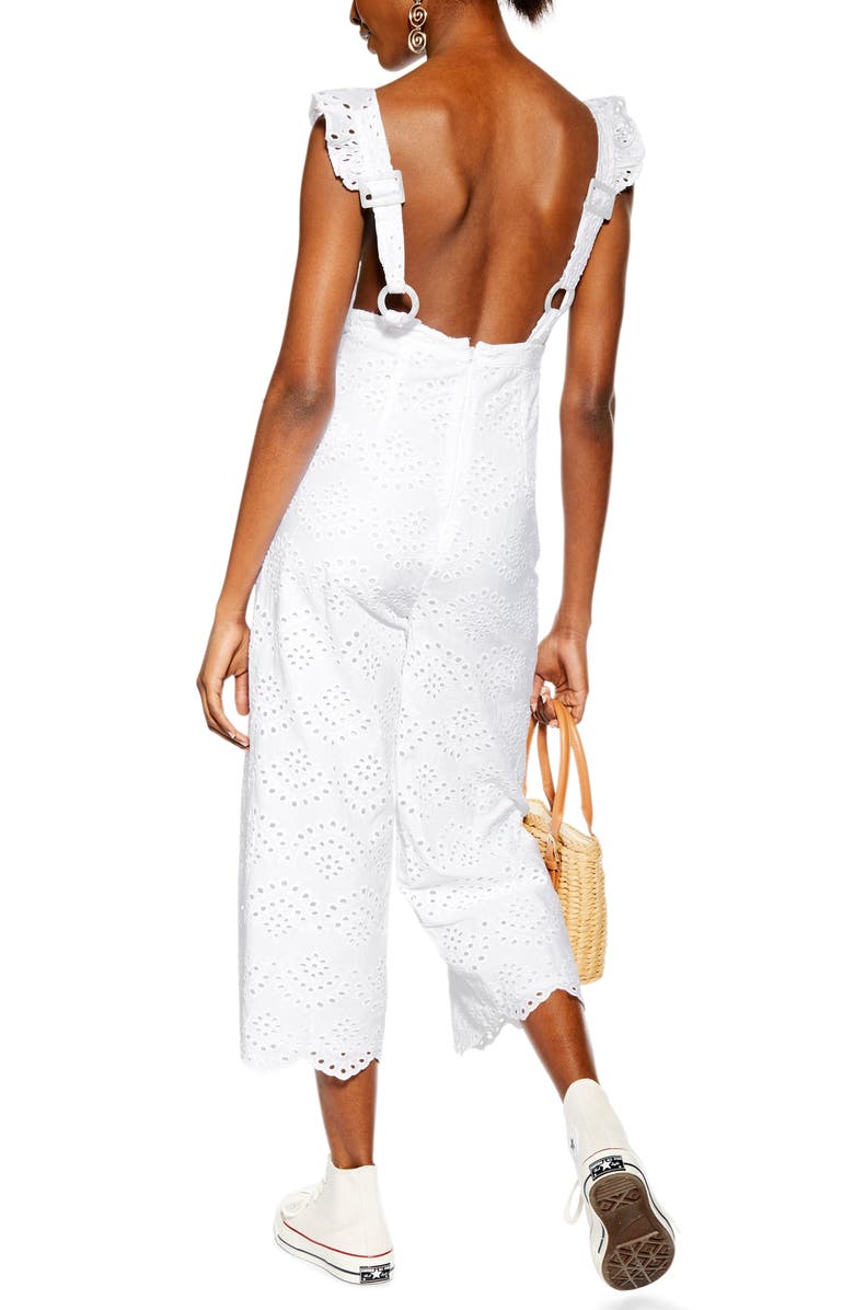 Topshop Embroidered Ruffle Jumpsuit, Main, color, 