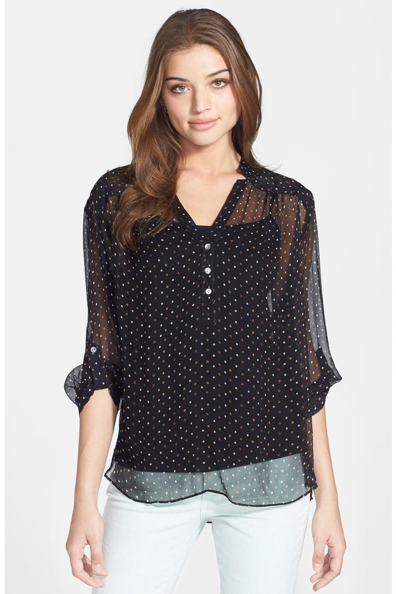 Roll Sleeve Sheer Polka Dot Blouse, Main, color, BLACK/ MULTI DOT