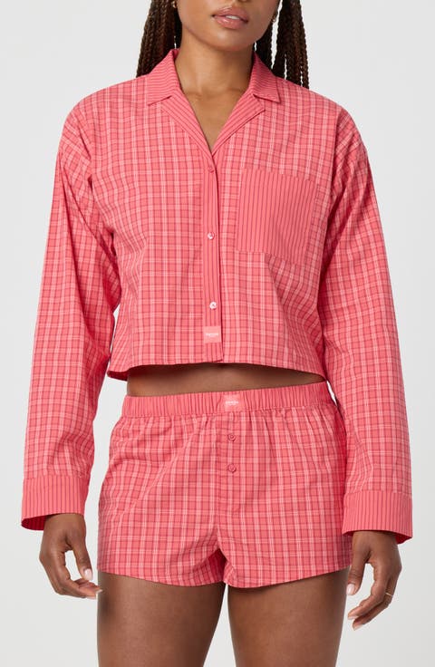 Micro Plaid Crop Stretch Cotton Button-Up Shirt